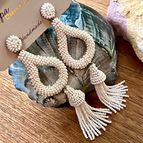 NWT Anthropologie Deepa Beaded White Hoop Chandeliers - Picture 4 of 15